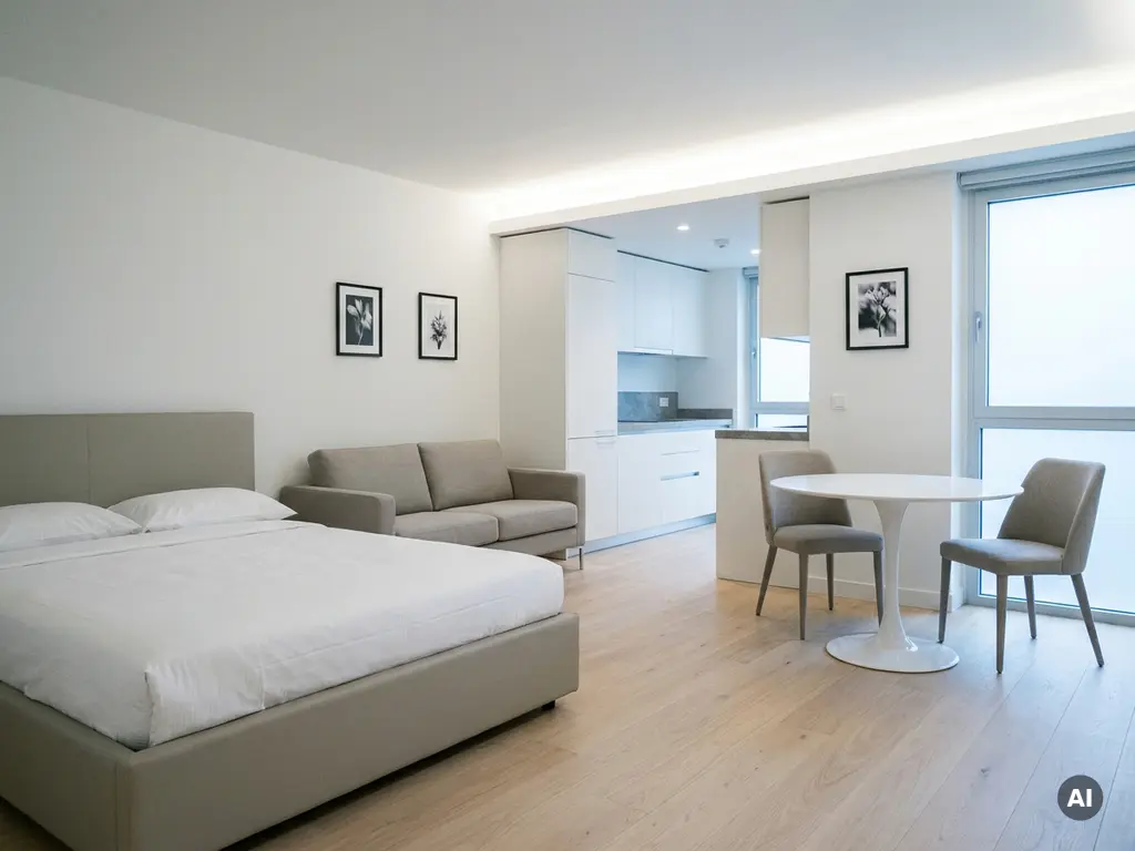 Minimalistisch eingerichtetes Apartment mit greigem Bett, weißem Tulpen-Esstisch und hellem Eichenholzboden.