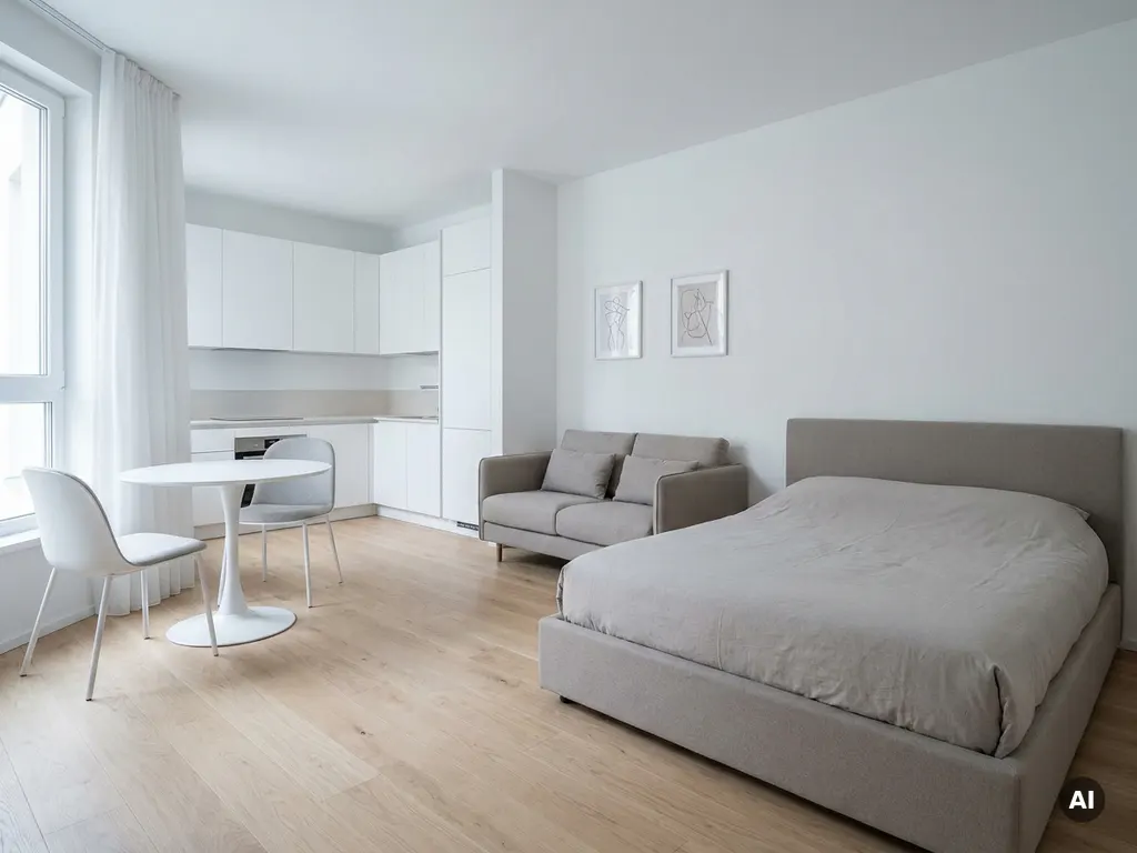Minimalistisch eingerichtete Wohnung mit greigebeigem Bett, weißem Tulpen-Esstisch und hellen Eichenholzböden.