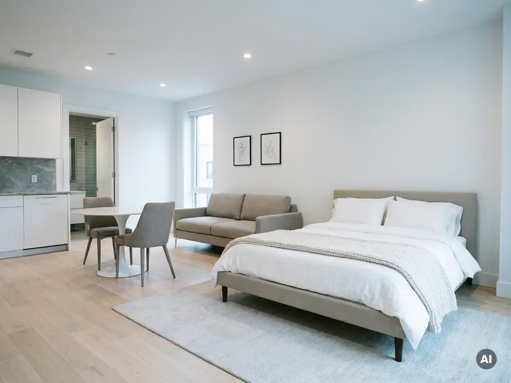 Minimalistisch eingerichtetes Apartment mit greigem Bettgestell, weißer Tulpen-Esstisch, hellen Holzdielen und weißen Küchenfronten.