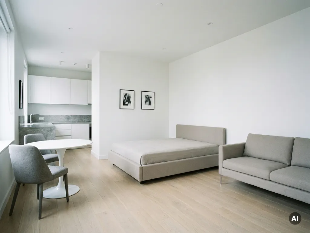 Minimalistisch eingerichtetes Apartment mit hellem Hartholzboden, Tulip-Esstisch, weißer Einbauküche und Greige-Sofa.