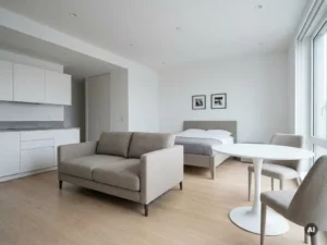 Minimalistisch eingerichtetes Apartment mit greigem Bett, Zweisitzer-Sofa, rundem Tulpen-Esstisch und weißer Einbauküche auf hellem Eichenparkett.