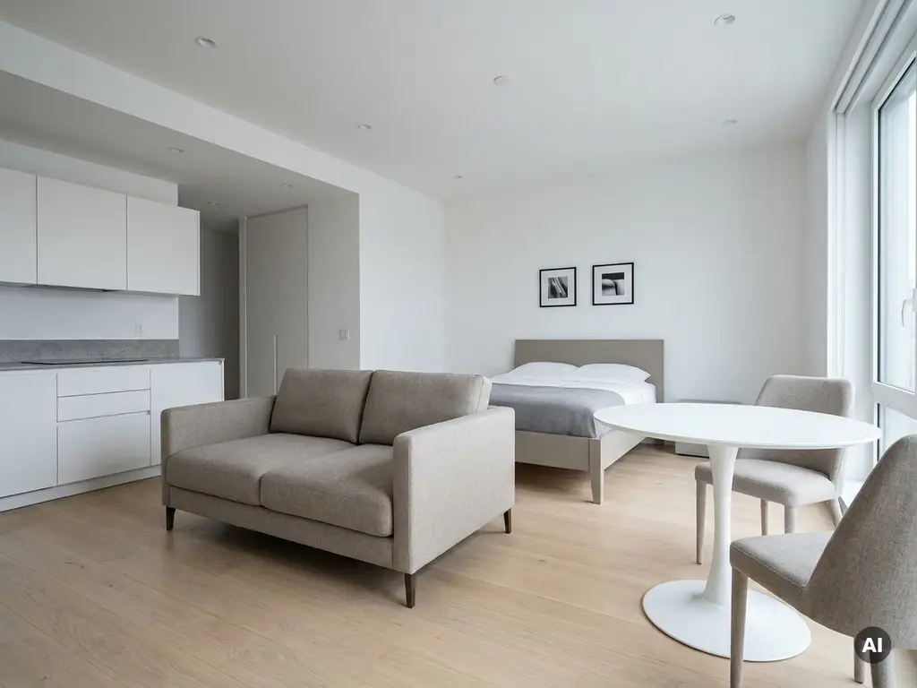 Minimalistisch eingerichtetes Apartment mit greigem Bett, Zweisitzer-Sofa, rundem Tulpen-Esstisch und weißer Einbauküche auf hellem Eichenparkett.