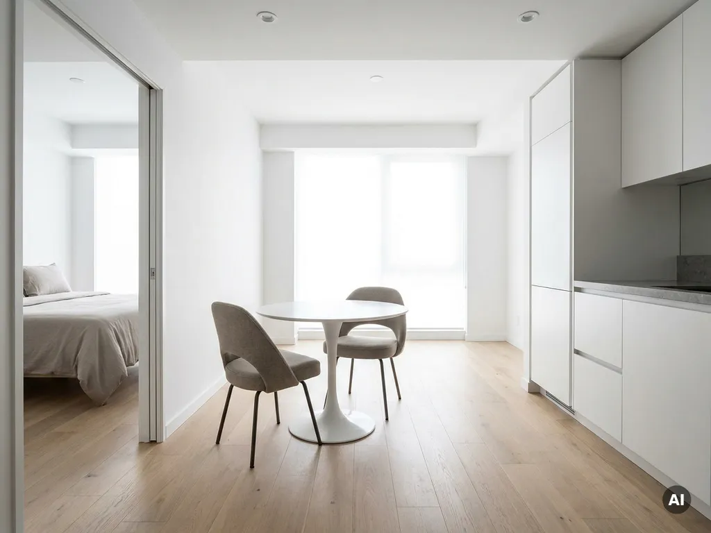Minimalistisch eingerichtete Wohnung mit hellem Parkettboden, weißer Einbauküche, grauer Arbeitsplatte und rundem Tulpen-Esstisch mit greigen Polsterstühlen.