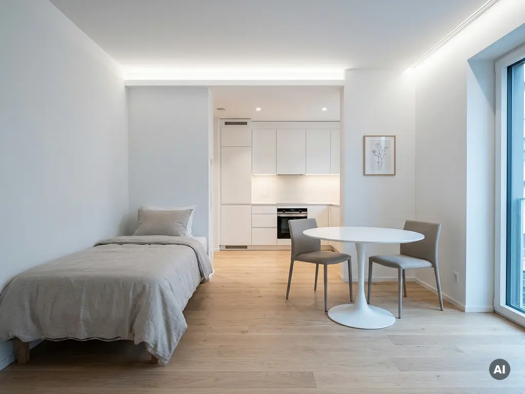 Minimalistisch eingerichtetes Apartment mit Einzelbett, rundem Tulip-Esstisch und weißer Einbauküche auf hellem Parkettboden.