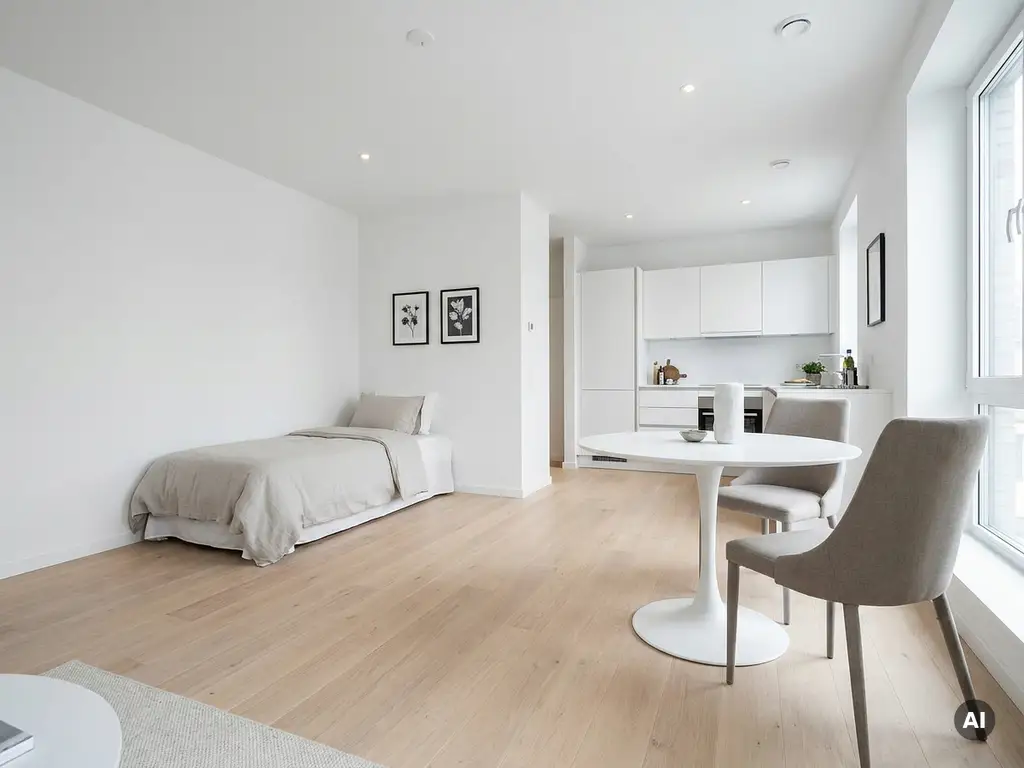 Minimalistisch eingerichtetes Studio-Apartment mit hellem Parkettboden, weißer Küche, rundem Tulpen-Esstisch und gepflegtem Einzelbett in Greige-Tönen.