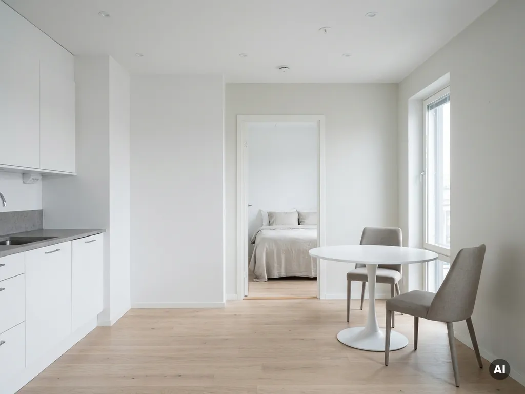 Minimalistisches Apartment mit hellem Parkettboden, weißer Einbauküche, grauer Steinarbeitsplatte und rundem Tulpen-Esstisch mit zwei greigen Stühlen.