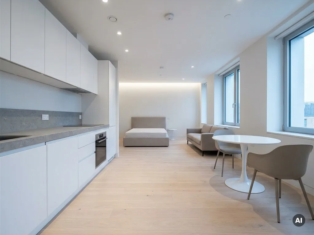 Minimalistisch eingerichtete offene Wohnung mit hellem Parkettboden, weißen Küchenschränken, grauem Arbeitsplatte und rundem Tulpen-Esstisch.