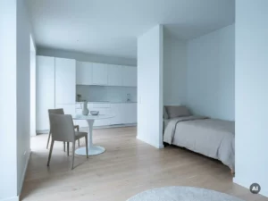 Minimalistisch eingerichtetes Studio-Apartment mit hellem Parkettboden, weißer Küche, rundem Tulpen-Esstisch und Einzelbett in Greigetönen.