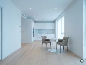 Minimalistisches Apartment mit hellem Eichenparkett, rundem weißem Tulip-Esstisch und zwei graubeigen Polsterstühlen vor offener weißer Küche.
