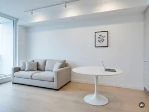 Minimalistisches Wohnzimmer mit greigem Zweisitzer-Sofa, rundem Tulip-Tisch und offenem Laptop auf hellem Eichenparkett.
