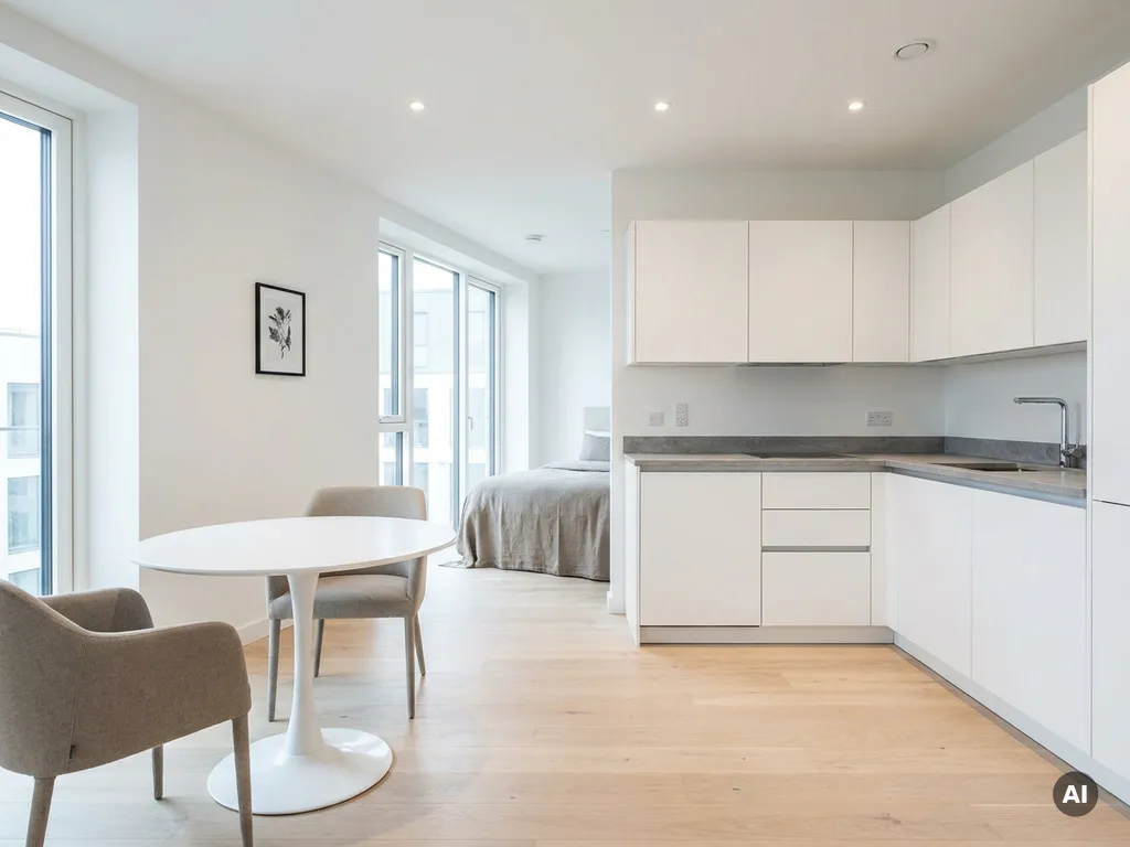 Minimalistisches Einzimmerapartment mit hellem Holzboden, weißer Einbauküche, grauer Arbeitsplatte und rundem Tulpen-Esstisch mit zwei greigen Stühlen.