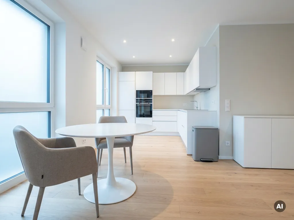 Minimalistisch eingerichtete Wohnung in Hannover mit hellem Parkettboden, weißer Küche und rundem Tulpen-Esstisch mit greigen Stühlen.