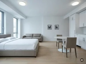 Minimalistisch eingerichtete Wohnung mit greigem Bett, Zweisitzer-Sofa, rundem Tulpen-Esstisch und hellen Holzböden.