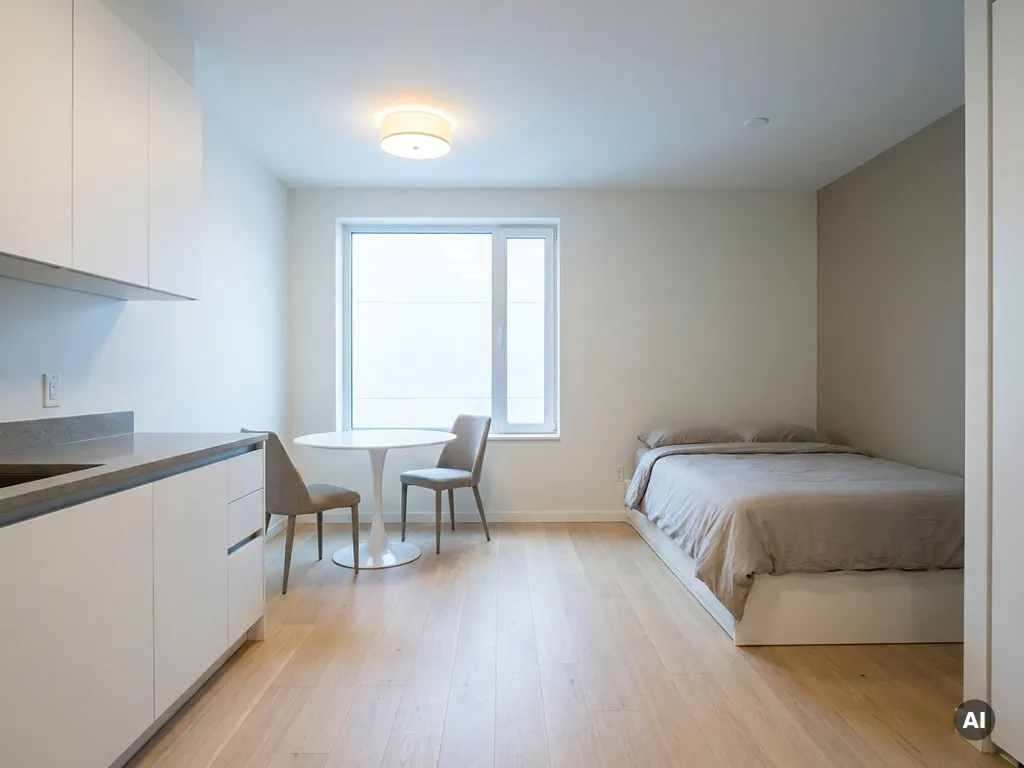 Minimalistisch eingerichtetes Apartment mit hellem Parkettboden, weißer Küche, runden Tulpentisch und Einzelbett in Greigetönen.