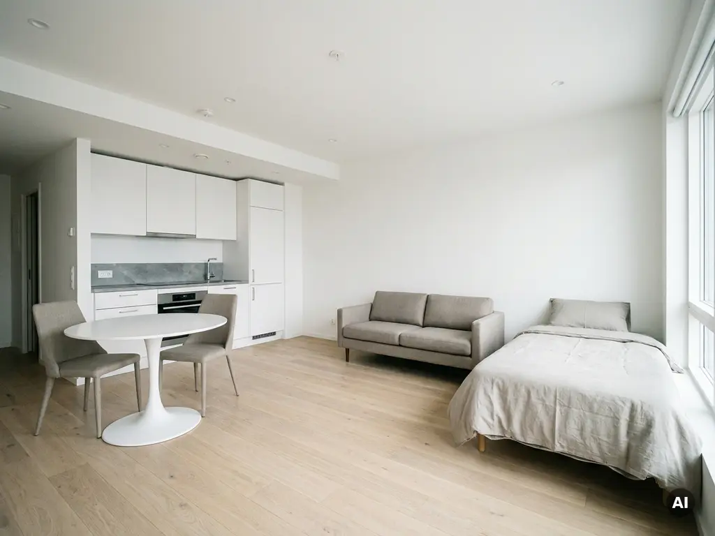 Minimalistisch eingerichtetes Studio-Apartment mit hellem Eichenparkett, weißer Einbauküche und rundem Tulpen-Esstisch.