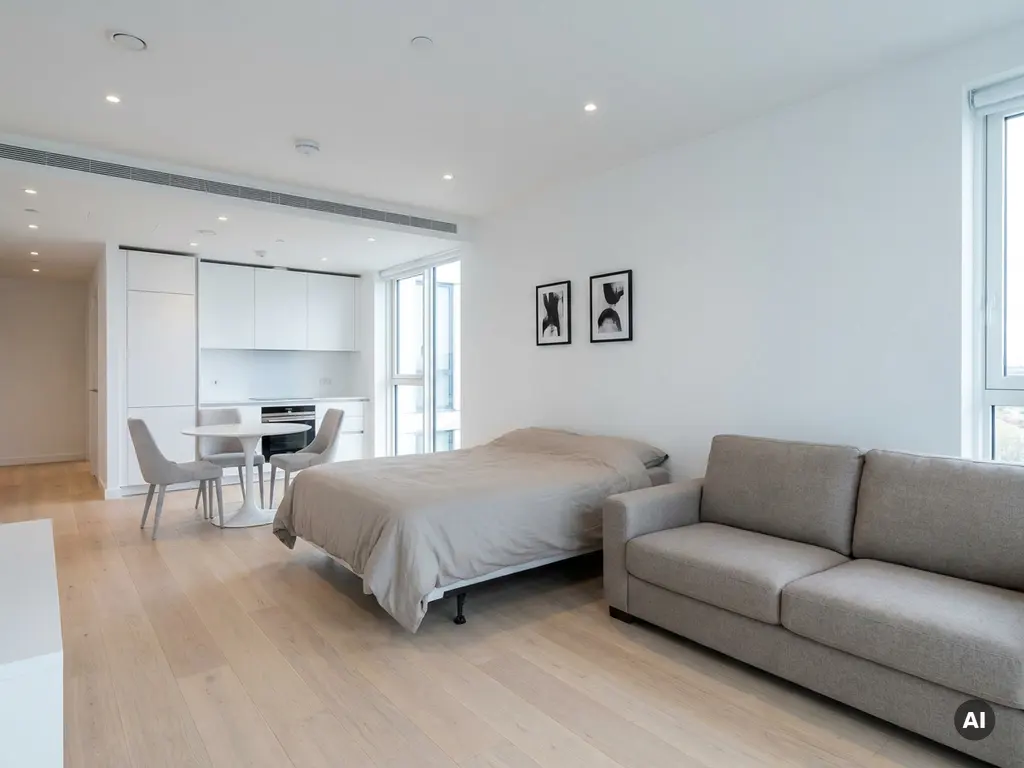 Minimalistisch eingerichtetes Apartment mit graubeigem Sofa, Einzelbett, rundem weißem Tulpen-Esstisch und hellem Parkettboden.