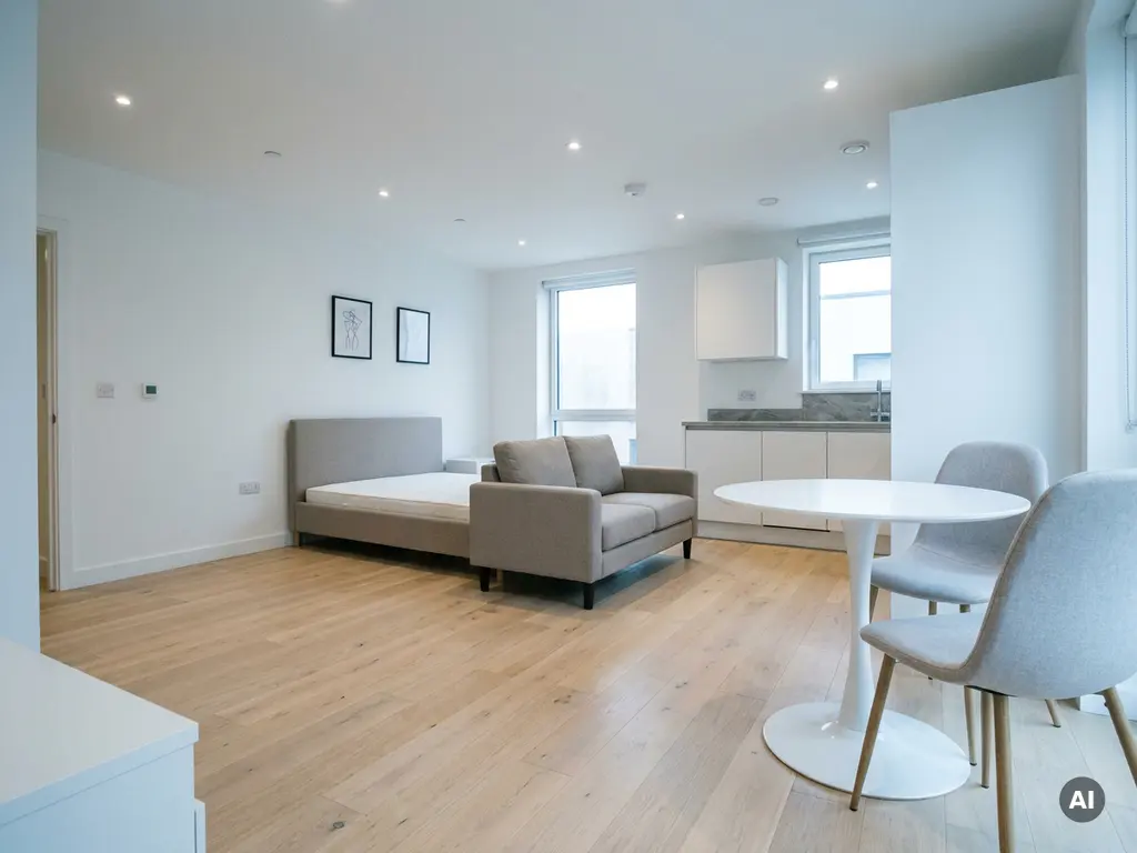 Minimalistisch eingerichtetes Apartment mit greigefarbenem Bett, weißer Tulpen-Esstisch, Holzboden und hellen Küchenschränken.