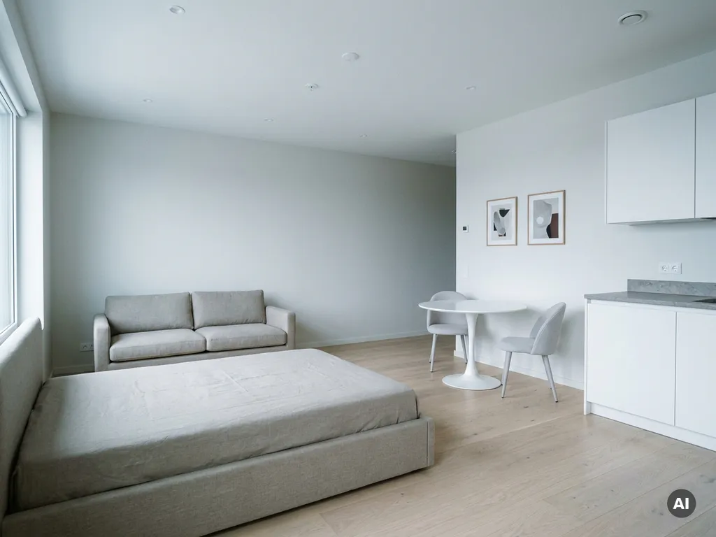 Minimalistisch eingerichtetes Apartment mit greigefarbenem Bett, Tulip-Esstisch und hellen Holzböden in Weiß-Greige-Tönen.