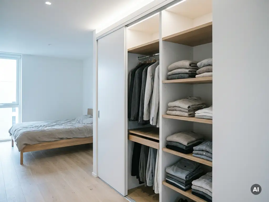Offener weißer Kleiderschrank mit Schiebetüren, ordentlich gestapelter greige Kleidung und minimalem Schlafzimmer im Hintergrund.