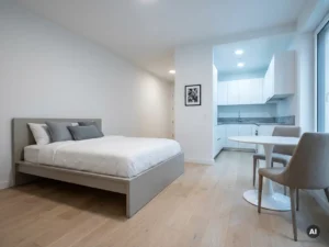 Minimalistisch eingerichtetes Studio-Apartment mit greigem Bettrahmen, rundem Tulpen-Esstisch und hellem Eichenparkett.