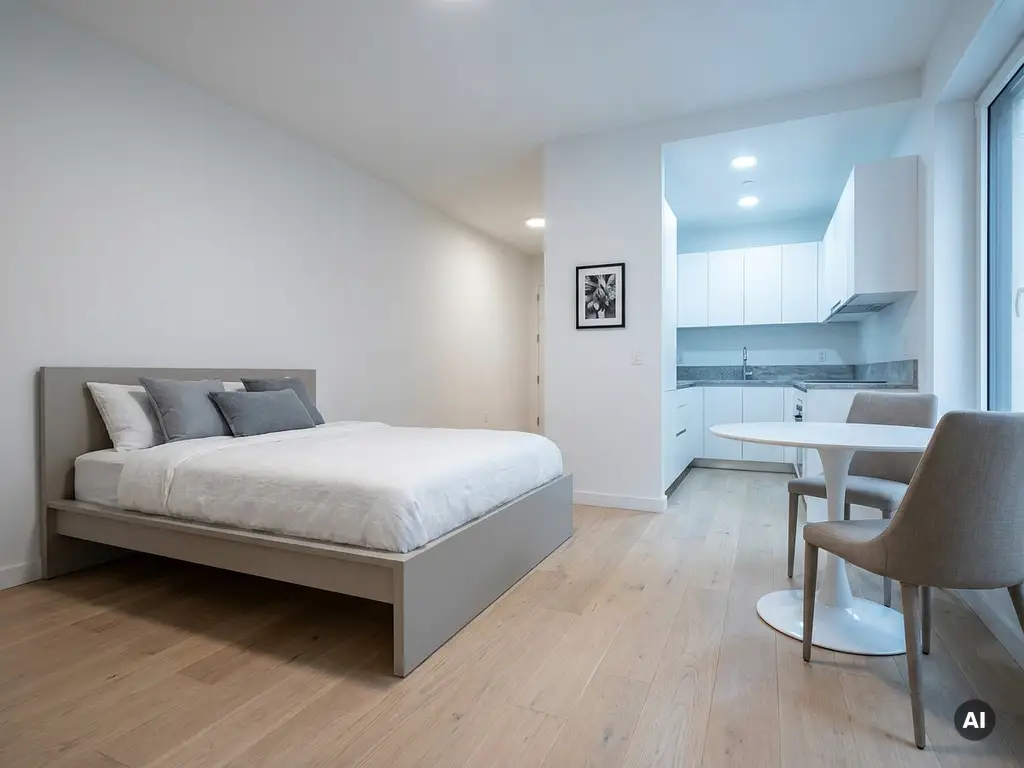 Minimalistisch eingerichtetes Studio-Apartment mit greigem Bettrahmen, rundem Tulpen-Esstisch und hellem Eichenparkett.