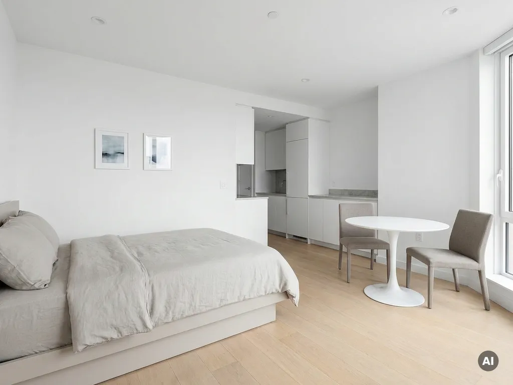 Minimalistisch eingerichtetes Apartment mit Einzelbett, rundem Tulpentisch und weißen Küchenschränken auf hellem Eichenparkett.