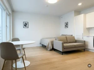 Minimalistisch eingerichtetes Apartment mit greigefarbener Bettwäsche, Tulpen-Esstisch und hellem Eichenparkett.