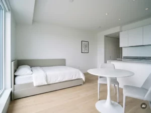 Minimalistisch eingerichtetes Apartment mit greigem Bettgestell, rundem Tulpen-Esstisch und hellen Parkettböden.