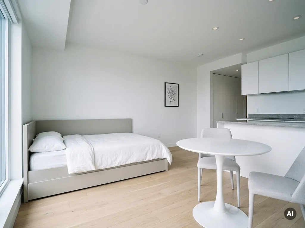 Minimalistisch eingerichtetes Apartment mit greigem Bettgestell, rundem Tulpen-Esstisch und hellen Parkettböden.