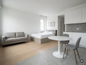 Minimalistisch eingerichtetes Studio-Apartment mit greigefarbenem Bett, Zweisitzer-Sofa, rundem Tulpen-Esstisch und hellem Holzboden.