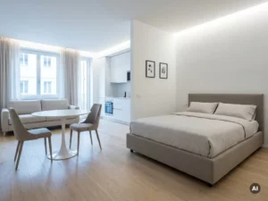 Minimalistisch eingerichtetes Apartment mit greigem Bettgestell, rundem Tulpentisch und weißer Einbauküche auf hellem Eichenparkett.