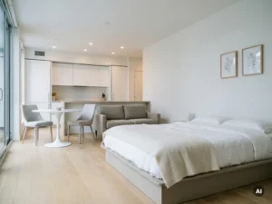 Minimalistisch eingerichtetes Apartment mit greigem Bettgestell, Zweisitzer-Sofa, rundem Tulpen-Esstisch und hellem Eichenparkett.