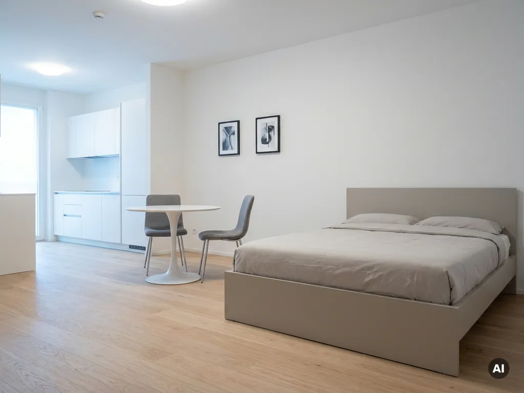 Minimalistisch eingerichtete Wohnung mit greigefarbenem Bett, rundem Tulpen-Esstisch und weißen Küchenfronten auf hellem Eichenparkett.