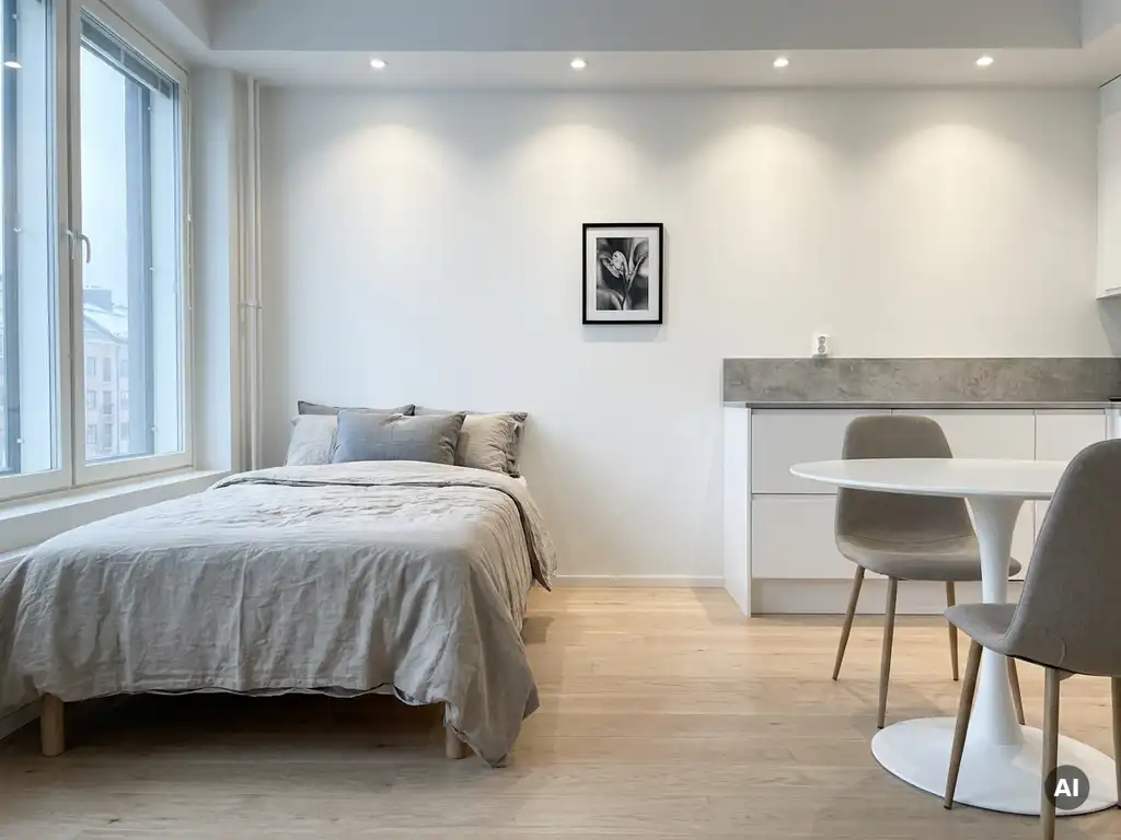 Minimalistisch eingerichtetes Apartment mit Einzelbett, rundem Tulip-Tisch und weißen Küchenschränken auf hellem Eichenparkett.