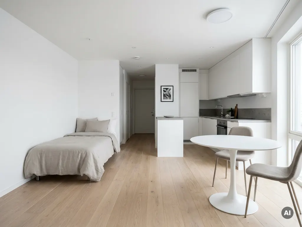 Minimalistisch eingerichtetes Apartment mit Einzelbett, rundem Tulip-Tisch, weißer Küche und hellem Eichenparkett in Greige-Tönen.