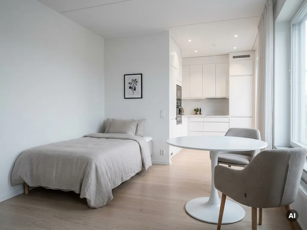 Minimalistisch eingerichtetes Apartment mit Einzelbett, rundem Tulpen-Esstisch und weißer Einbauküche auf hellem Parkettboden.