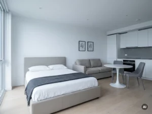 Minimalistisch eingerichtetes Apartment mit greigefarbenem Bett, Zweisitzer-Sofa, rundem Tulpen-Esstisch und weißer Einbauküche im Hintergrund.
