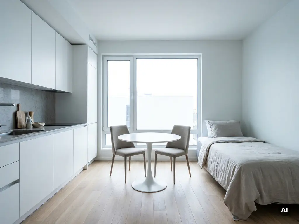 Minimalistisch eingerichtetes Apartment mit hellem Holzboden, weißer Küche, rundem Tulip-Tisch und Einzelbett in Greige-Tönen.