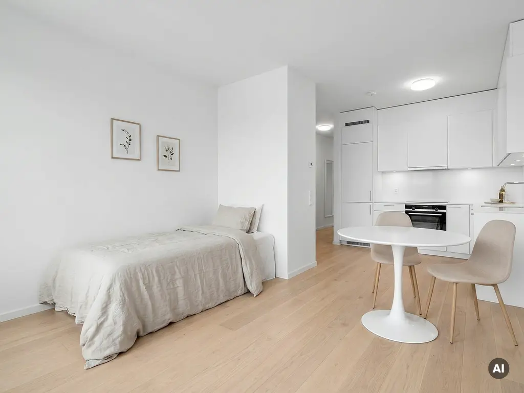 Minimalistisch eingerichtetes Apartment mit Einzelbett, rundem Tulpen-Esstisch und weißer Einbauküche auf hellem Parkettboden.