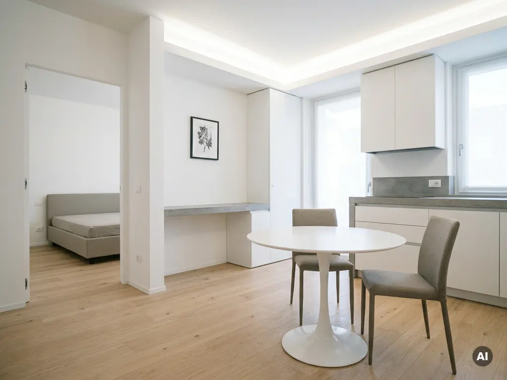Minimalistisch eingerichtete Wohnung mit hellem Parkettboden, weißer Küche, rundem Tulpen-Esstisch und Blick ins Schlafzimmer.