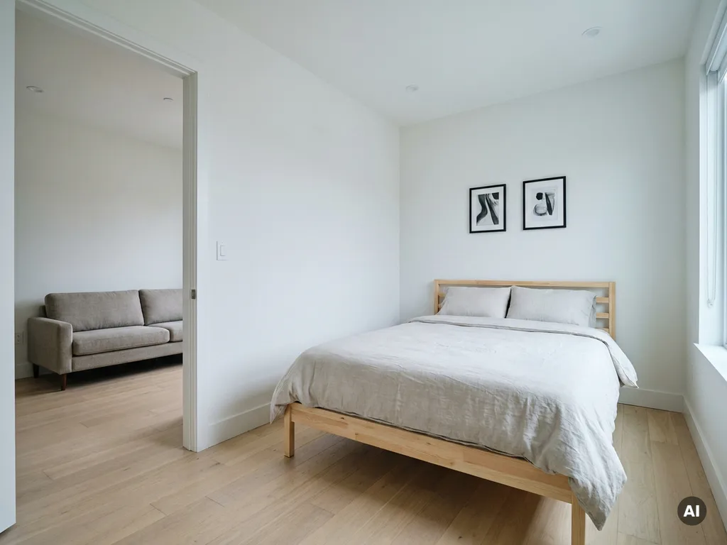 Minimalistisches Schlafzimmer mit greigem Bettzeug, hellem Holzboden und weißen Wänden in einer bezugsfertigen Wohnung.